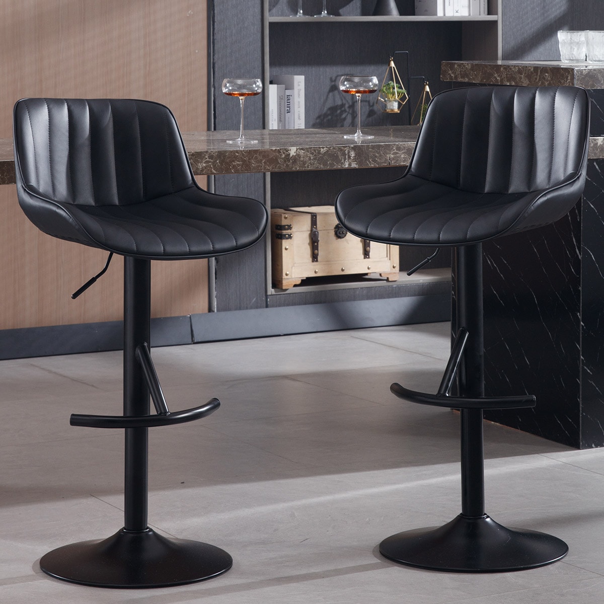 Adjustable swivel Light Luxury Premium bar stool for Kitchen Counter and Dining Room set of 2  BLACK